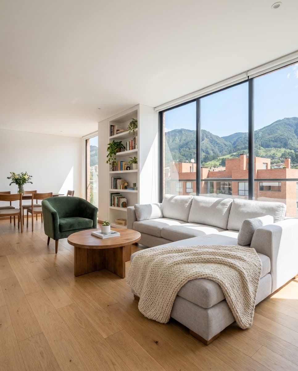 Sala de un apartamento contemporáneo en Bogotá con vista a los cerros
